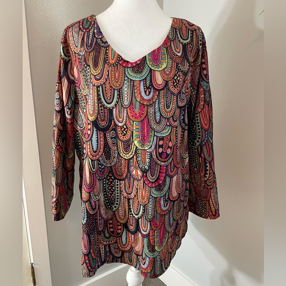 Multicolored Boho Long Sleeve Vneck Relaxed Blouse Size 1XL